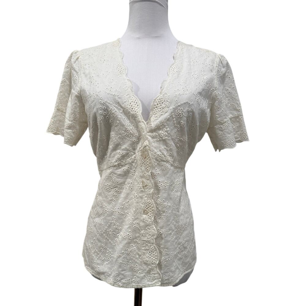 NWT MNG Mango Eyelet Embroidered White Cotton Button Front Blouse 6 Cottagecore
